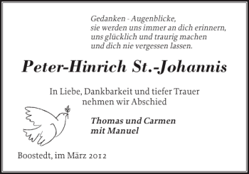 Traueranzeige von Peter-Hinrich St.-Johannis von Holsteinischer Courier