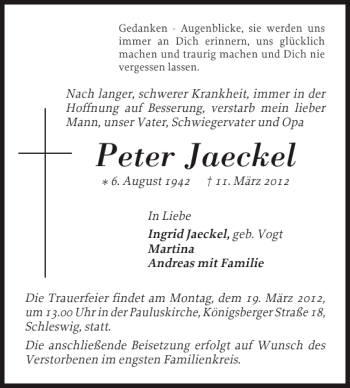 Traueranzeige von Peter Jaeckel von Schleswiger Nachrichten