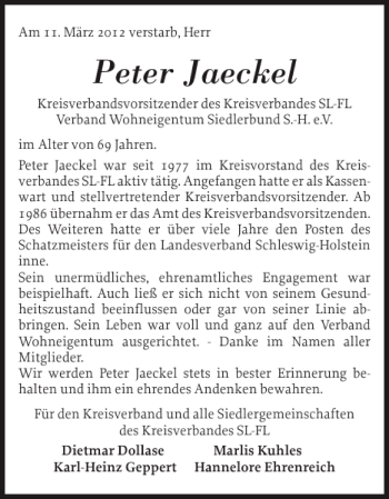 Traueranzeige von Peter Jaeckel von Schleswiger Nachrichten
