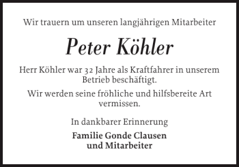 Traueranzeige von Peter Köhler von Flensburger Tageblatt