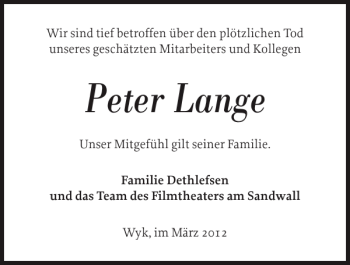 Traueranzeige von Peter Lange von Der Insel-Bote