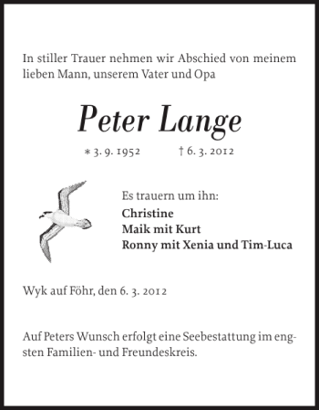 Traueranzeige von Peter Lange von Der Insel-Bote