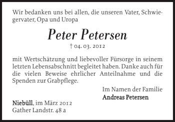 Traueranzeige von Peter Petersen von Nordfriesland Tageblatt