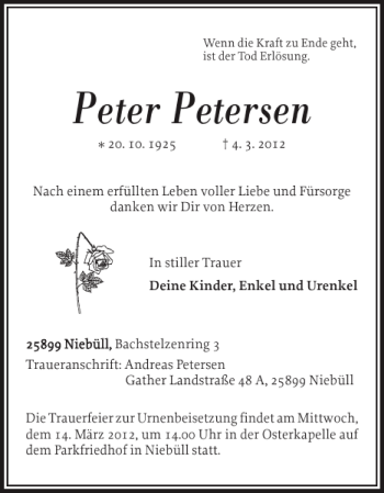 Traueranzeige von Peter Petersen von Nordfriesland Tageblatt
