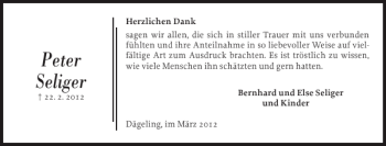 Traueranzeige von Peter Seliger von Norddeutsche Rundschau