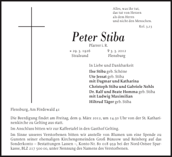 Traueranzeige von Peter Stiba von Flensburger Tageblatt