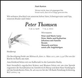 Traueranzeige von Peter Thomsen von Flensburger Tageblatt