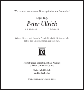 Traueranzeige von Peter Ullrich von Flensburger Tageblatt