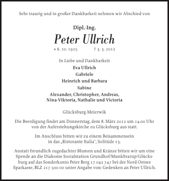 Traueranzeige von Peter Ullrich von Flensburger Tageblatt