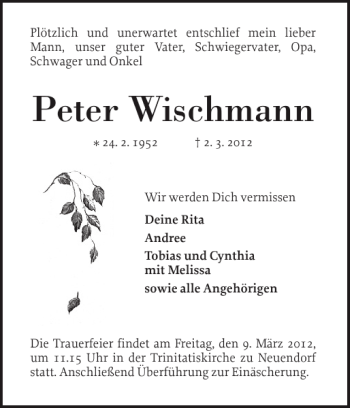 Traueranzeige von Peter Wischmann von Elmshorner Nachrichten