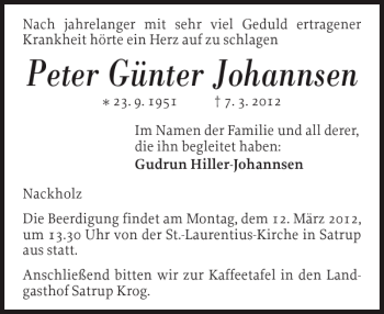 Traueranzeige von Peter Günter Johannsen von Flensburger Tageblatt