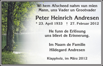 Traueranzeige von Peter Heinrich Andresen von Flensburger Tageblatt