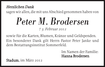 Traueranzeige von Peter M. Brodersen von Husumer Nachrichten