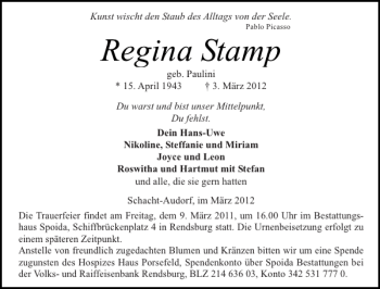 Traueranzeige von Regina Stamp von Landeszeitung