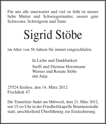 Traueranzeige von Sigrid Stöbe von Norddeutsche Rundschau
