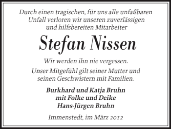 Traueranzeige von Stefan Nissen von Husumer Nachrichten