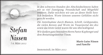 Traueranzeige von Stefan Nissen von Husumer Nachrichten