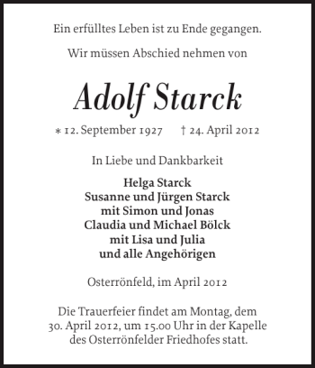 Traueranzeige von Adolf Starck von Landeszeitung