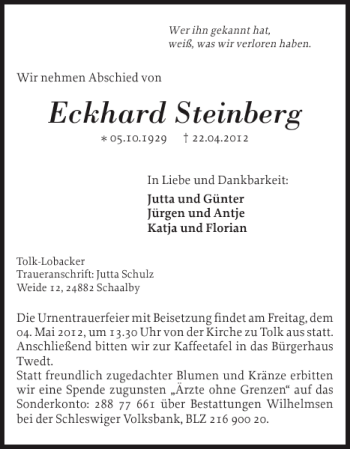 Traueranzeige von Eckhard Steinberg von Schleswiger Nachrichten