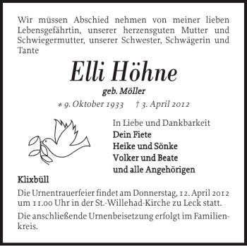 Traueranzeige von Elli Höhne von Nordfriesland Tageblatt