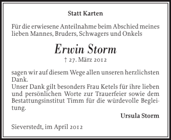 Traueranzeige von Erwin Storm von Flensburger Tageblatt