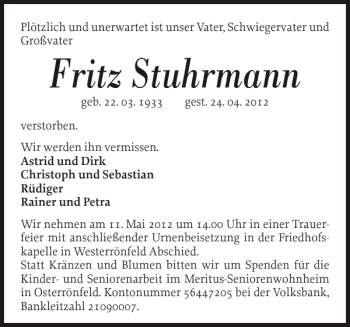 Traueranzeige von Fritz Stuhrmann von Landeszeitung