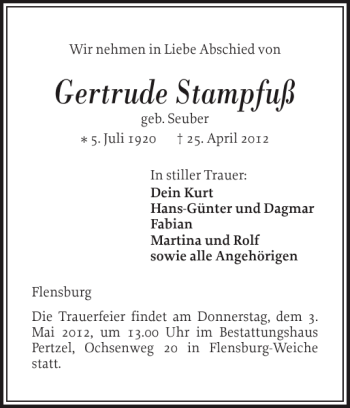 Traueranzeige von Gertrude Stampfuß von Flensburger Tageblatt