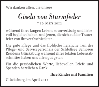 Traueranzeige von Gisela von Sturmfeder von Flensburger Tageblatt