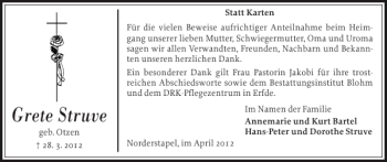 Traueranzeige von Grete Struve von Husumer Nachrichten