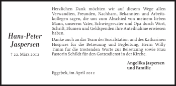 Traueranzeige von Hans-Peter Jaspersen von Flensburger Tageblatt