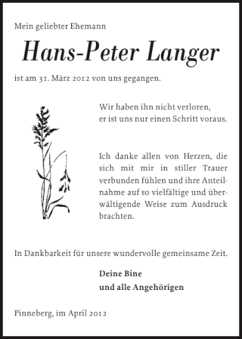 Traueranzeige von Hans-Peter Langer von Pinneberger Tageblatt