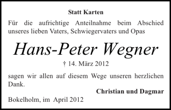 Traueranzeige von Hans-Peter Wegner von Landeszeitung