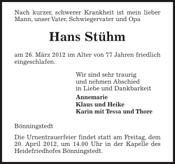 Traueranzeige von Hans Stühm von Pinneberger Tageblatt