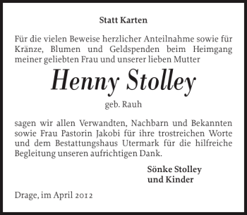 Traueranzeige von Henny Stolley von Husumer Nachrichten