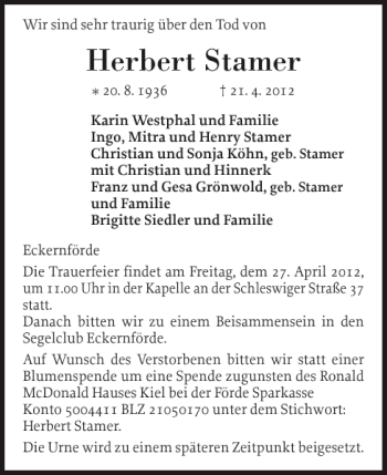 Traueranzeige von Herbert Stamer von Eckernförder Zeitung
