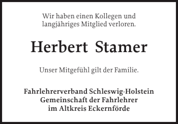 Traueranzeige von Herbert Stamer von Eckernförder Zeitung