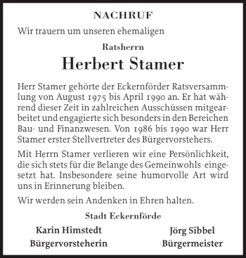 Traueranzeige von Herbert Stamer von Eckernförder Zeitung