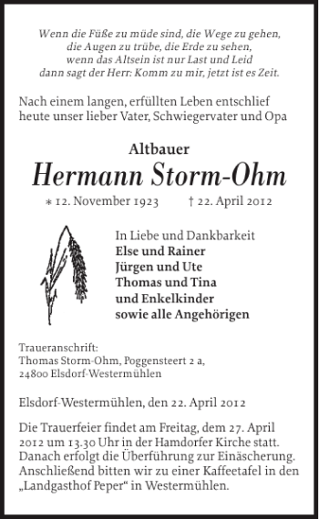 Traueranzeige von Hermann Storm-Ohm von Landeszeitung