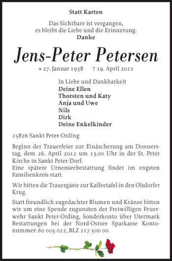 Traueranzeige von Jens-Peter Petersen von Husumer Nachrichten