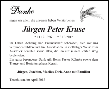 Traueranzeige von Jürgen Peter Kruse von Landeszeitung