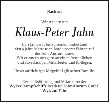 Traueranzeige von Klaus-Peter Jahn von Nordfriesland Tageblatt