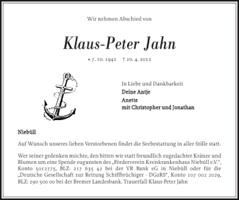 Traueranzeige von Klaus-Peter Jahn von Nordfriesland Tageblatt
