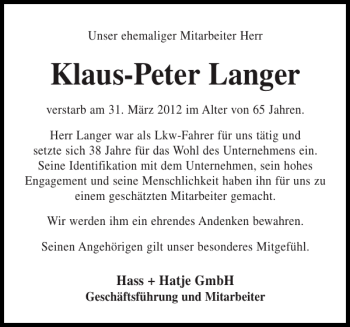 Traueranzeige von Klaus-Peter Langer von Pinneberger Tageblatt