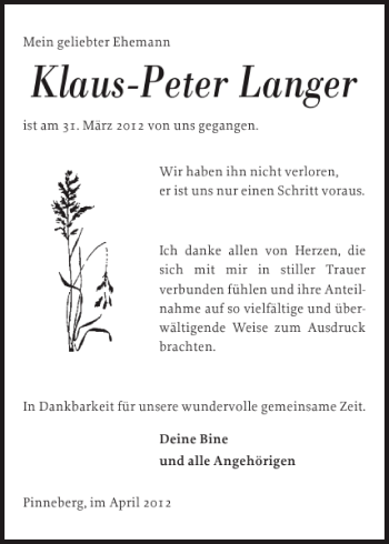 Traueranzeige von Klaus-Peter Langer von Pinneberger Tageblatt