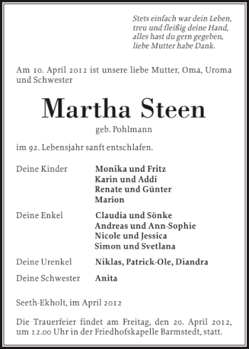 Traueranzeige von Martha Steen von Elmshorner Nachrichten
