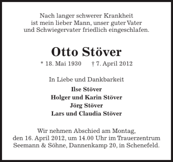 Traueranzeige von Otto Stöver von Pinneberger Tageblatt