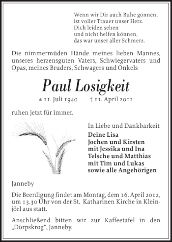 Traueranzeige von Paul Losigkeit von Flensburger Tageblatt