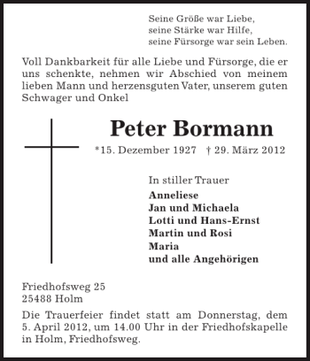 Traueranzeige von Peter Bormann von Pinneberger Tageblatt