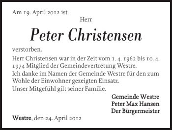Traueranzeige von Peter Christensen von Nordfriesland Tageblatt