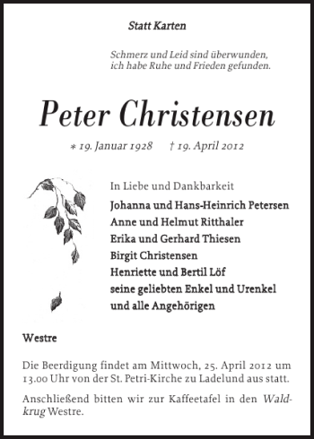 Traueranzeige von Peter Christensen von Nordfriesland Tageblatt